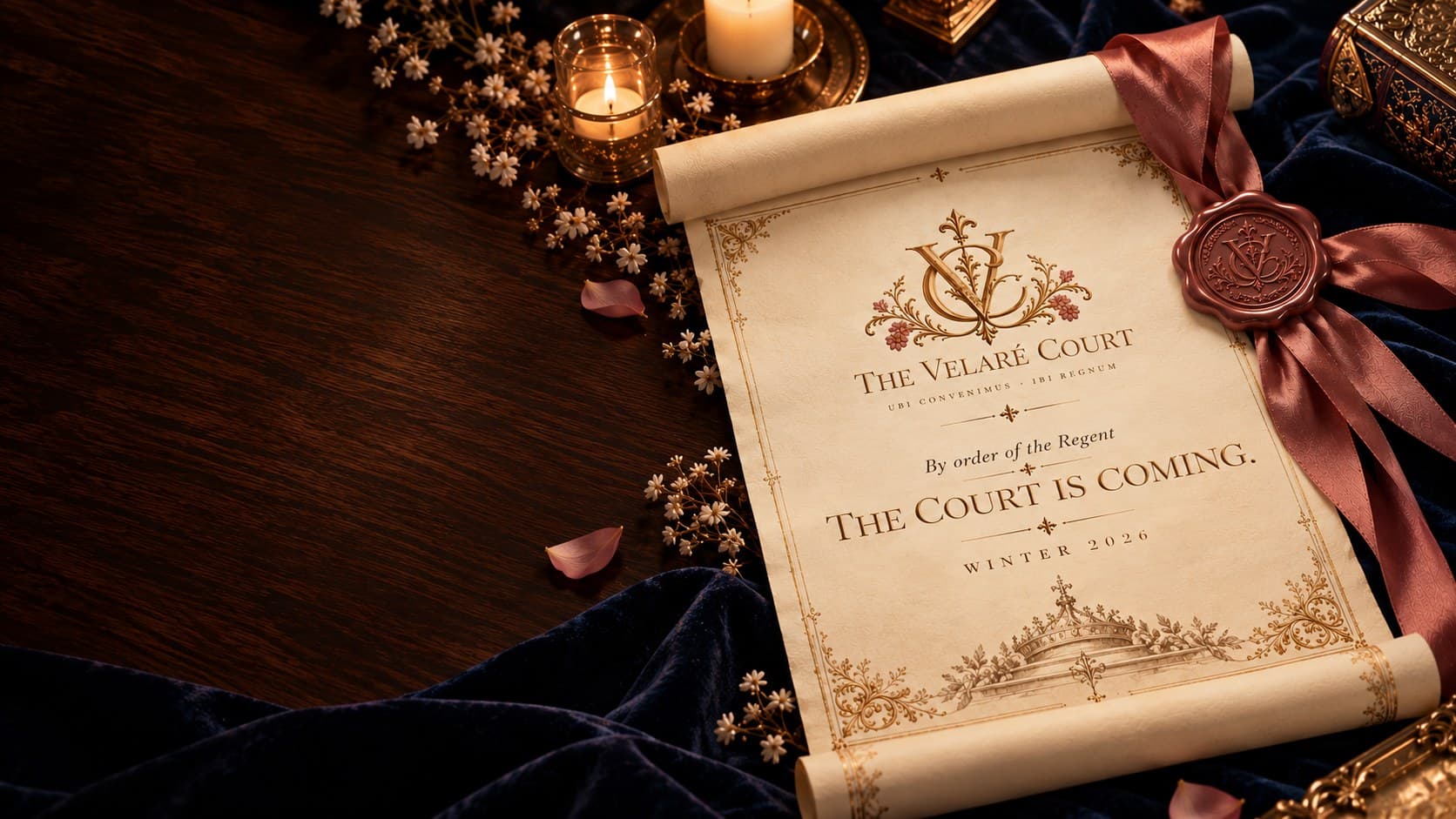 A parchment scroll from The Velaré Court, tied with dusty-rose ribbon and sealed in wax, proclaiming: By order of the Regent, the Court is coming. Winter 2026.